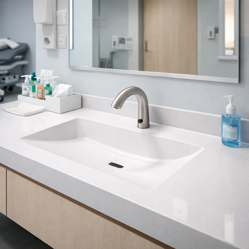 seamless integrated bathroom sink in healthcare facility with touchless faucet